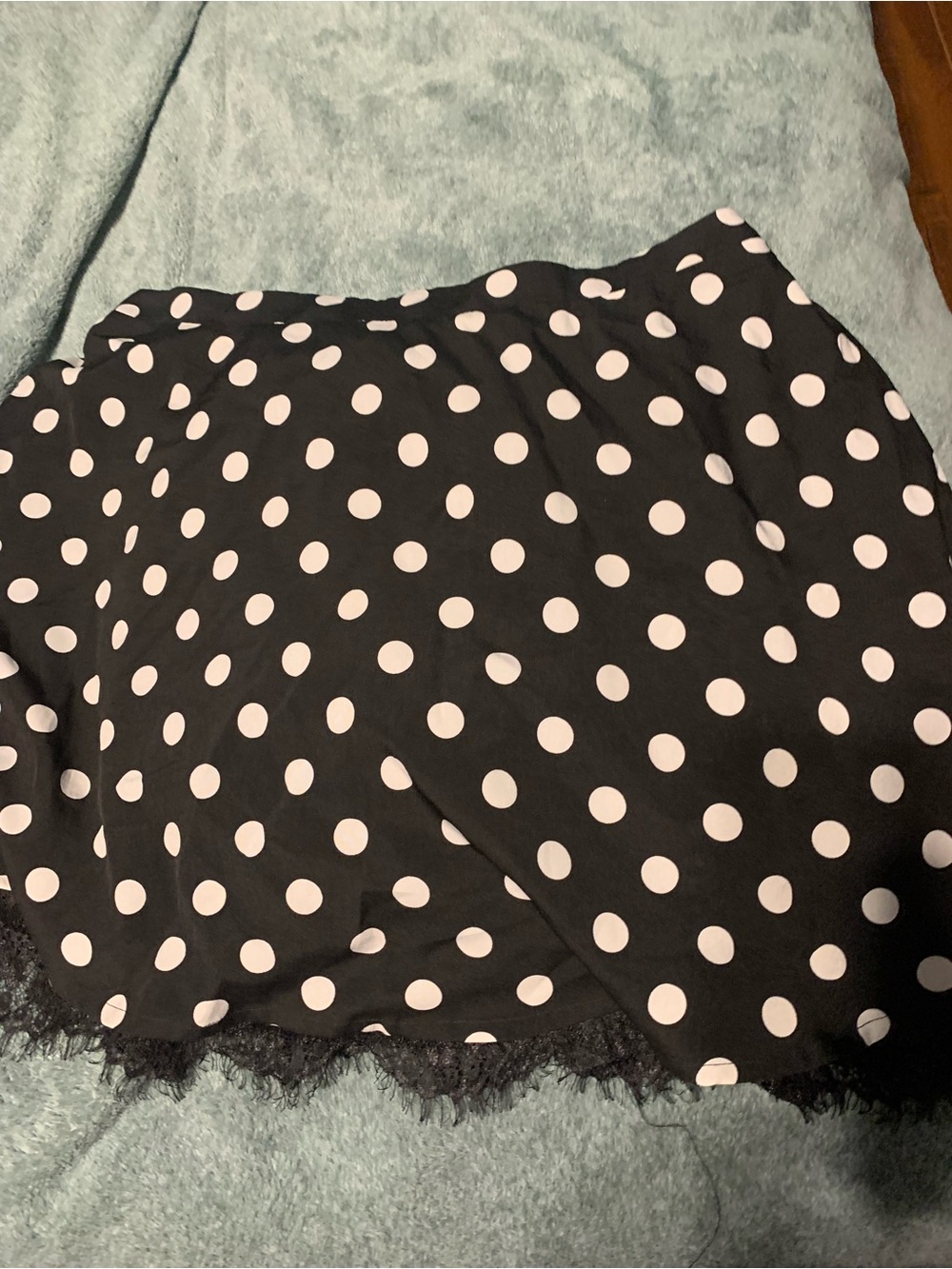 SHEIN Black Mini Skirt with White Polka Dots and Lace Trim